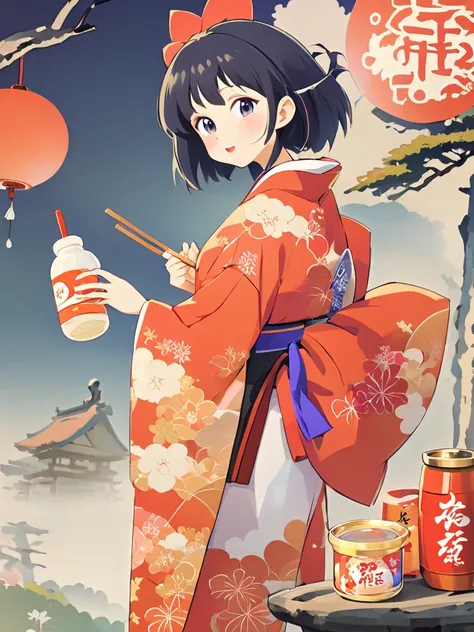 Japanese woman in kimono, witch, cartoon, Yakult, Yakult drink, Japanese environment background