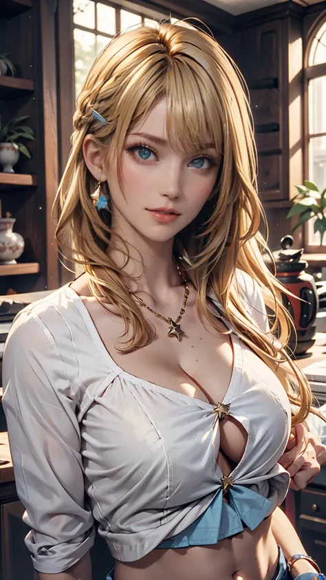  1 girl,  blonde hair ,  holding a star ,  blue eyes, Clothes lift, Alone,  hair ornament ,  hair clip,  long hair,  raise shirt,  braided ,  viewers who stop at the edge, lips,  lifted by itself,  heads,  upper body, belly button, day, white shirt,