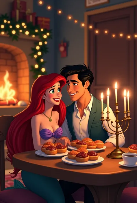 The Little Mermaid Ariel and Prince Eric celebrate Hanukkah at home, everything is decorated with garlands, gifts, and a warm atmosphere, and they eat donuts with jam.