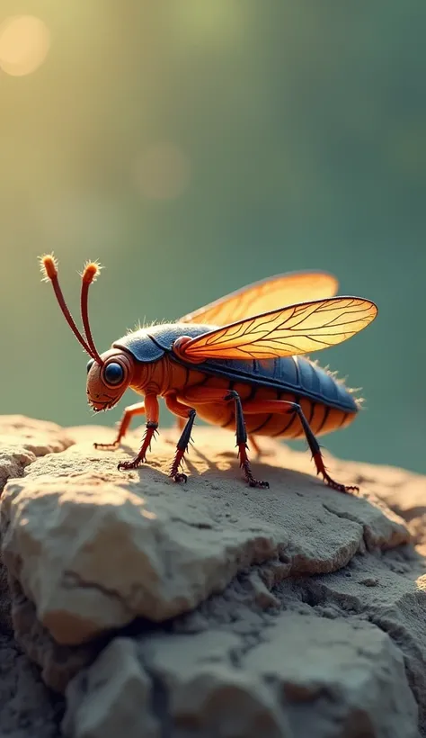 A beautiful cockroach drawn in cartoon format, crawling on the rock. The light shining on the cockroachs wings sparkled