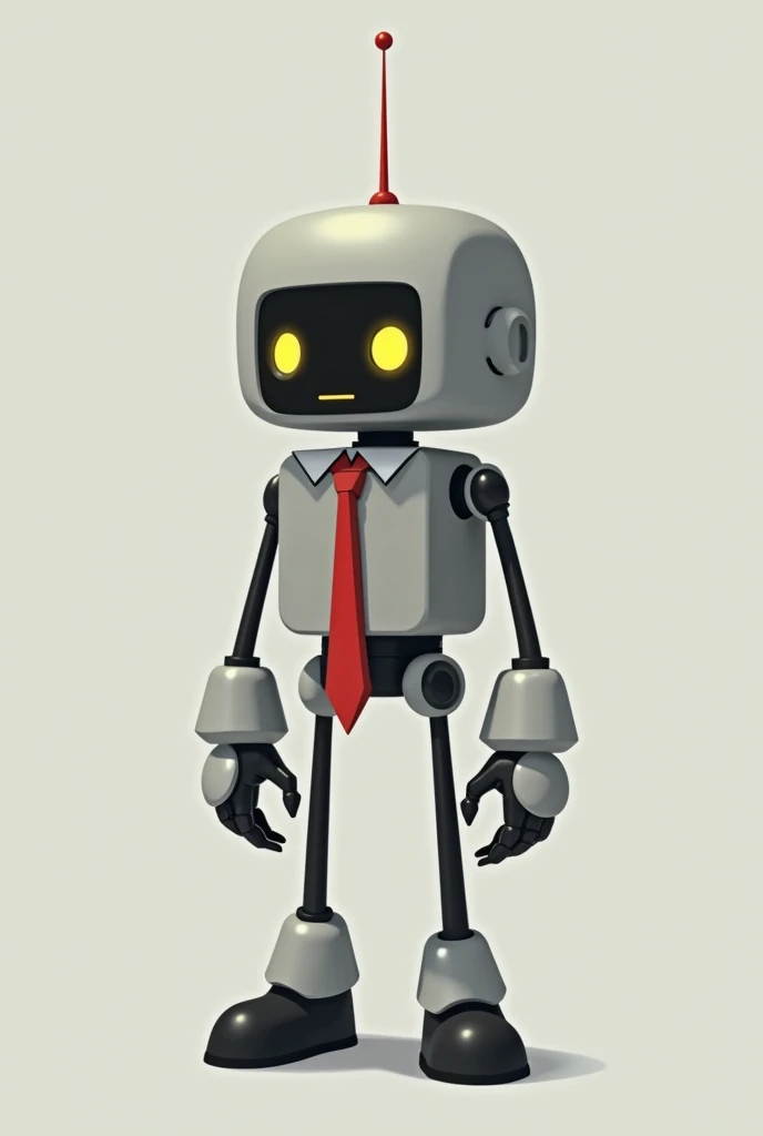 anime styled grey robot with a square body. dome like head with yellow circle eyes with a red antenna. Tube arms with claw hands. Red tie and tube legs with black shoes