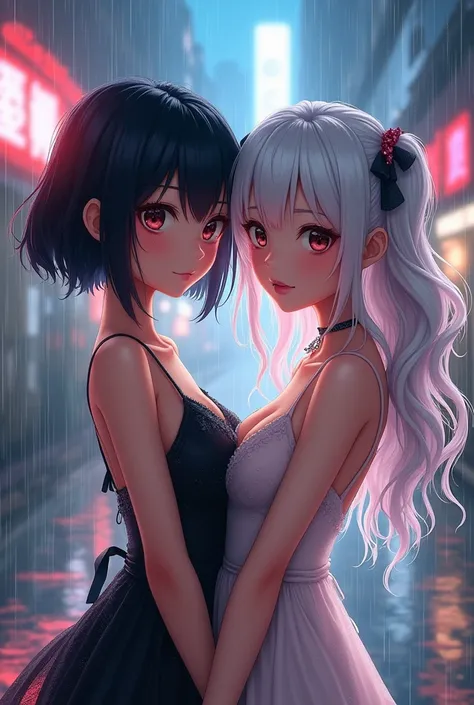 cute anime girls, 2, 1girl short black hair, 1girl long and wavy white hair, standing in a real street with heavy rain, wet party dresses, clothes, extremely detailed facial features, beautiful detailed eyes, beautiful detailed lips, long eyelashes, hyper ...