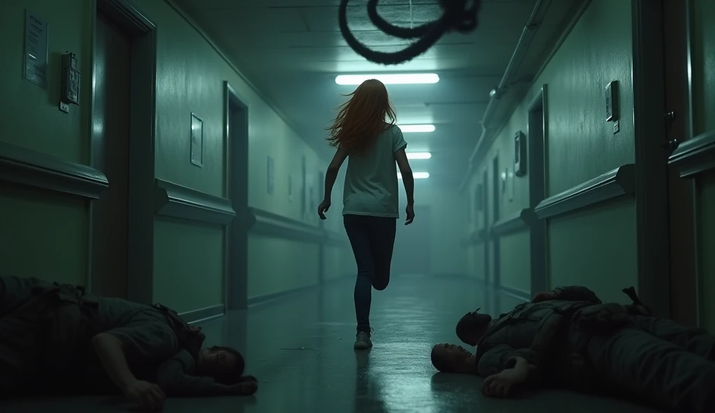 a red-haired girl in a T-shirt and jeans runs forward , in the background, behind is a black gloomy hospital corridor where two dead armed modern soldiers in tactical helmets and masks are lying dead on the floor,  from the ceiling is attacked by a substan...