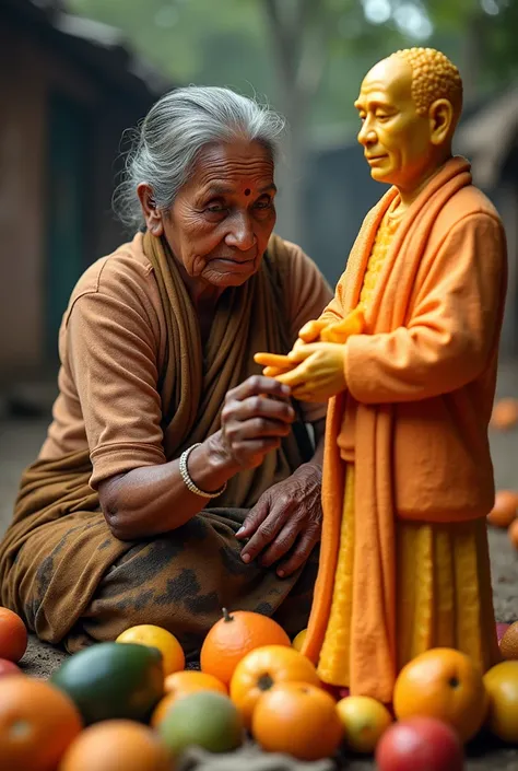 "An elderly woman in a small, impoverished village, surrounded by various colorful fruits, carefully assembling a detailed statue of Dr. B.R. Ambedkar. The fruits are intricately carved and placed together to create the likeness of Babasaheb. Her wrinkled ...