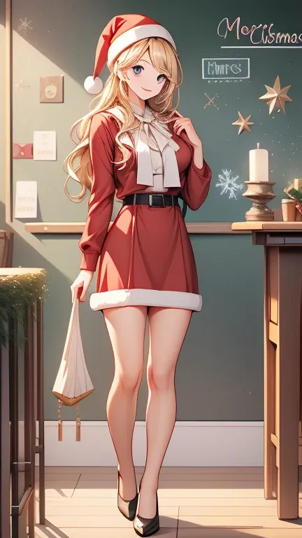  Christmas winter scenery  ，  christmas illustration，masterpiece 、     high definition    、  top quality，  Detailed Description ，   cute face,Beautiful face， beautiful womanの一人  、２7 years old、   school teacher   、 blonde alone  、   blue eyes、 sexy Santa Cl...