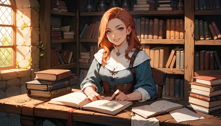 score_9, score_8_up, score_7_up, score_6_up, score_5_up, score_4_up, hires, masterpiece, Medieval, Adventurers Guild reception, 1girl, smile, documents, bookshelves, looking at view, game event still,