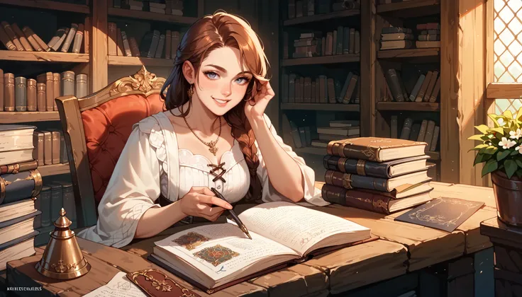 score_9, score_8_up, score_7_up, score_6_up, score_5_up, score_4_up, hires, masterpiece, Medieval, Adventurers Guild reception, 1girl, smile, documents, bookshelves, looking at view, game event still,