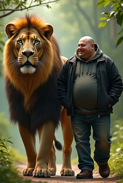 A fat Man wears a black jacket and jeans, walking next to the lion 