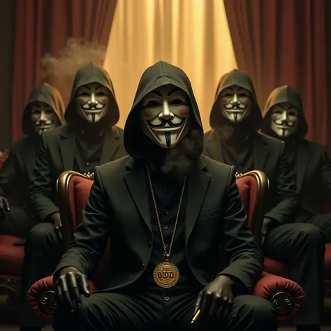 a group of masked anonymous hackers , smoking a marijuana cigarette, with a gold cord with the pendant "BDZ",  wearing a suit, Golden fog smoke  , ,  curtains behind the chair ,  intricate details,  photorealistic ,  cinematic lighting , magic, 8k,  high r...