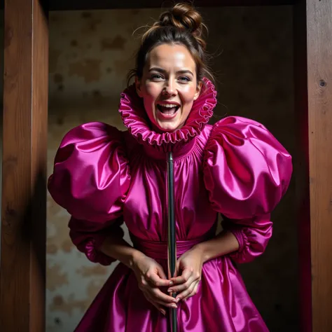 (realistic photograph close up sideways), (a pleased beautiful European orgasm woman with (messy hair bun), she is wearing (an elaborate big shiny fuchsia silk gown with (long gigantic poufy sleeves), (with a gigantic ruffle on top of a high stand-up colla...