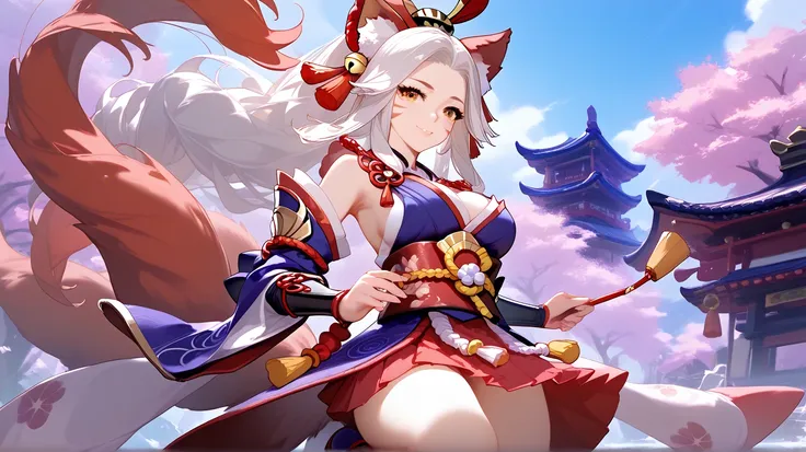 there is a woman in a red dress , concept art inspired by Pu Hua, pixiv contest winner, dada,  kitsune inspired armor, in monster hunter armor, <mmorpgs scene, onmyoji, sfw version, jrpg character, game cg, from guild wars, rin,red miko,Tamamo,Onmyoji,cat ...