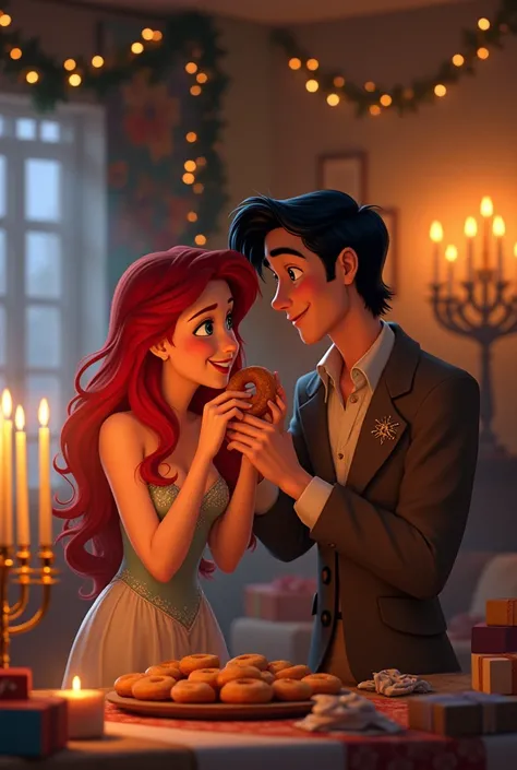 The Little Mermaid Ariel and Prince Eric celebrate Hanukkah at home with cute and comfortable clothes. Everything is decorated with garlands, gifts and a warm atmosphere, Eric feeds Ariel a donut