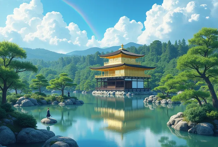 Characterized by sunlight, rain, clouds, rainbows and beautiful golden buildings, Kinkakuji is said to bring good fortune to those who visit. The gardens are also beautiful and it is a great place to relax, in the style of Makoto Shinkai.