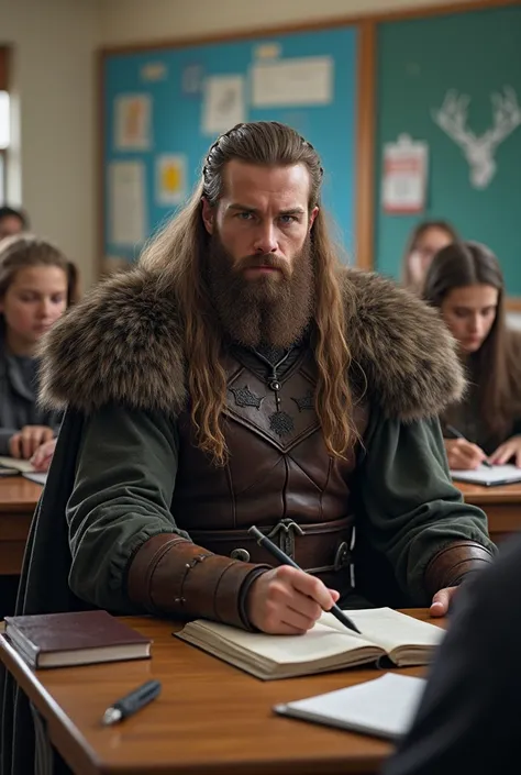 A Viking with loose hair, sitting on desk in the classroom with other normal students