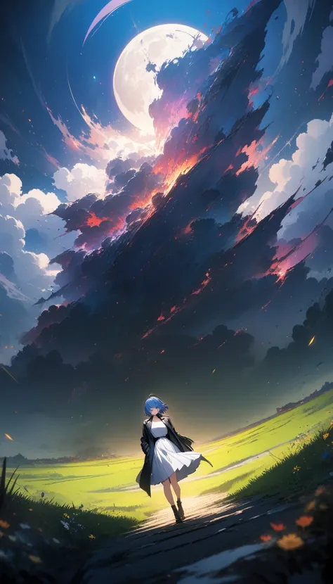 (masterpiece,  top quality,  Official Art :1.2), ( colorful ),  perfect anatomy, one girl, front view。 short hair。Blue hair color。Late Night。 grassland。 (new moon:1.3) super precise illustration ,  detailed ,  Dynamic Angle,  Beautiful details in, 8k,, ( h...