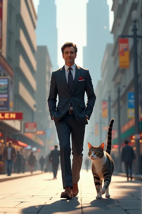 Man walks with cat