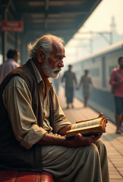  An elderly man was sitting at a railway station reading a small book of the Ramayana while waiting for the train.