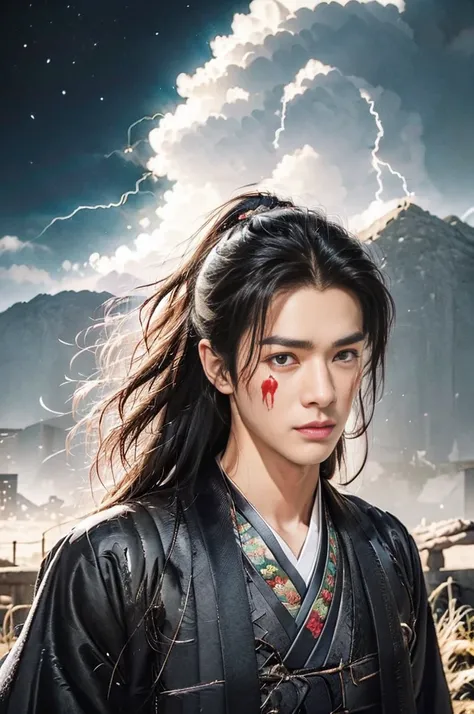 A 21-year-old Asian man, Thick eyebrows, handsome face, perfect face, Mens full body, mountain in background, high-definition photography, Real-world scenarios, Lots of detail, messy long hair, ((wearing pure black hanbok long sleeve clothes)), black battl...