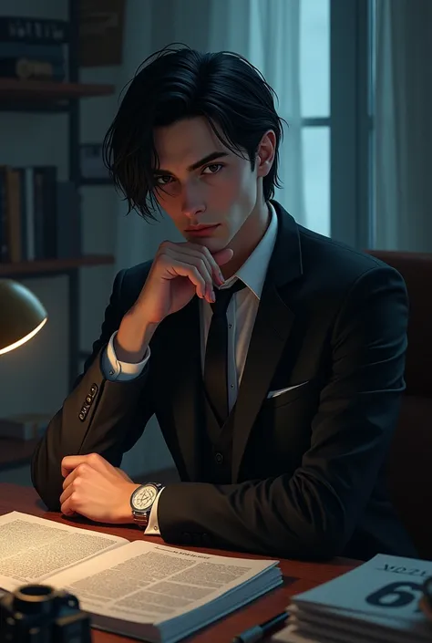 Víctor de Arcane , handsome slender man with medium hair lenses cut center ,  talking at a desk  ,  staring intently at you  ,  science books news 