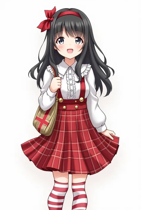 1girl, solo, skirt, black hair, shirt, white shirt, suspenders, socks, frills, smile, long sleeves, long hair, red skirt, puffy long sleeves, suspender skirt, ahoge, white background, plaid skirt, closed mouth, plaid, center frills, hair between eyes, stri...