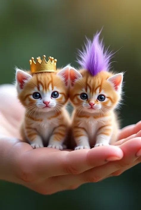 Two ultra-small Munchkin kittens, no larger than 3 cm each, sitting side by side on a palm, one with a golden crown-like curly wig while the other has a playful purple mohawk wig barely staying on their tiny heads.”