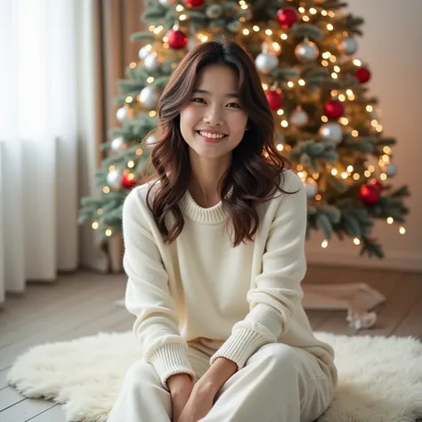 A high-fashion editorial featuring a 20-year-old Asian woman with light brown wavy hair, porcelain-white skin, and soft brown eyes, sitting on a plush white rug in front of her 150cm Christmas tree decorated with red and silver ornaments. The tree is adorn...