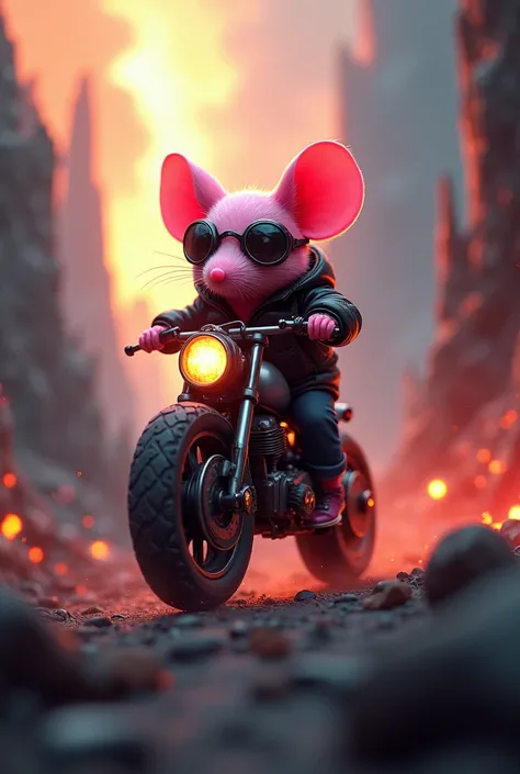 Small pink mouse riding motorcycle background being the depths of hell
