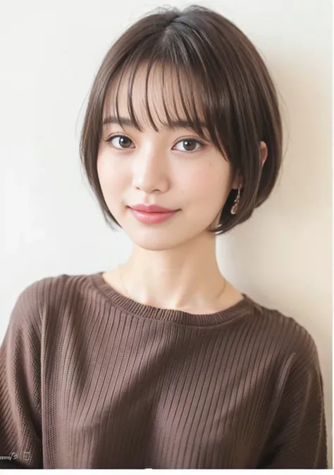  profile、 black knit、A picture taken from the side of a woman with a short haircut at a salon,  short hair ,  bob cut hair, French Bob hair,  bob cut,  short bob hair ,  short brown hair  with bangs,  brown short straight hair , French Bob,  brown shorthai...