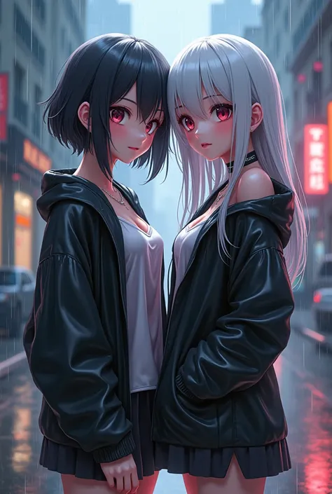 cute anime girls, 2, 1girl short black hair, 1girl long and wavy white hair, standing in a real street with heavy rain, wet clothes, see-through, extremely detailed facial features, beautiful detailed eyes, beautiful detailed lips, long eyelashes, hyper re...