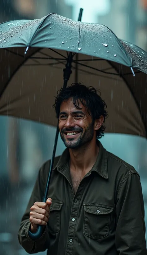 The drenched man gives a resigned smile, lifting his closed umbrella slightly, showing a few visible holes. His expression reflects helplessness mixed with humor.
