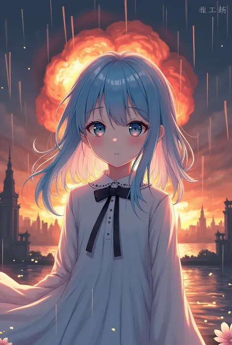 masterpiece,  exquisite, Illustration, {Beautiful and well-organized girl }, beautiful detailed afterlight , (Fires of War: 1.2), (Nuclear explosion behind: 1.3), rain,  detailed lighting, Detailed water, ( beautifully detailed eyes: 1.1), expressionless, ...