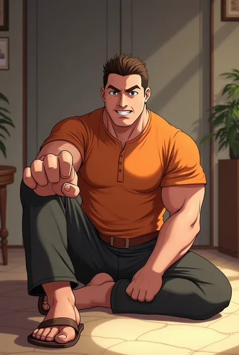 Tall Man, with round face, with short thin brown haircut, less chubby, muscular, in Anime, wearing his orange short kurta, Long dark gray pants, brown sandals, in the private room, sitting on the floor, kicking me with his feet