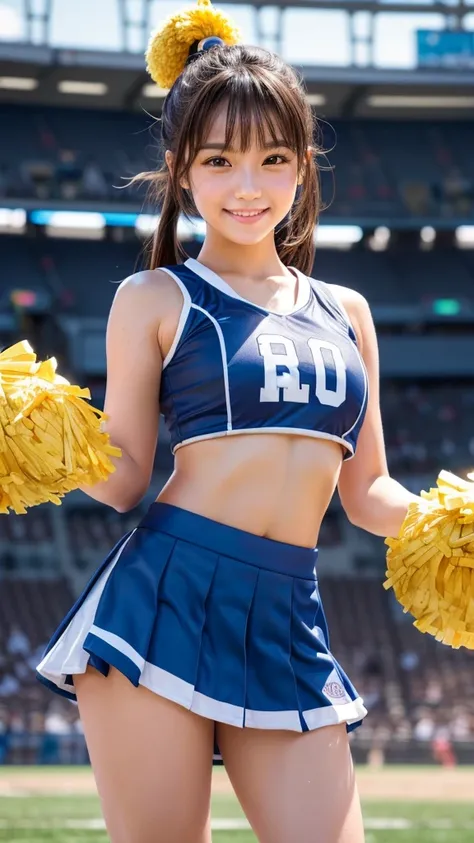 Product quality,1 girl,Cheerleader,Cowboy Shot,Young and cute Japanese,20-year-old,((Stadium Background:1.2)),(Holding big pom-poms in both hands:1.5),smile, cheer leading,Cheerleaderuniform,Ultra Short Short Pleated Mini Skirt,Very cute face,Baby Face,Glo...