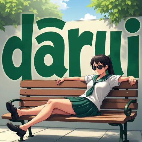 Darui
Prompt: The schoolgirl slouches on a bench, her enormous arms draped lazily over the backrest. Her sunglasses obscure her eyes, and her expression radiates boredom. The text "Darui" is bold and slanted, written in a lethargic green font.