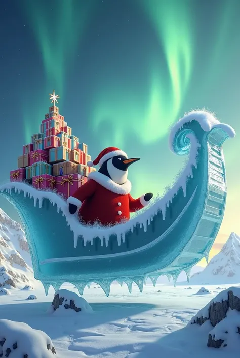 Santa sleigh made of iceberg with gifts and santa penguin facing left