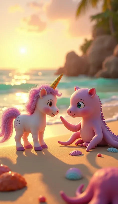 A whimsical and cinematic scene featuring an adorable unicorn and a cute baby kraken facing each other at the edge of a sunlit beach. The unicorn, small and chubby, has a shimmering pastel mane and tail that sparkle under the golden sunlight, its gentle ey...