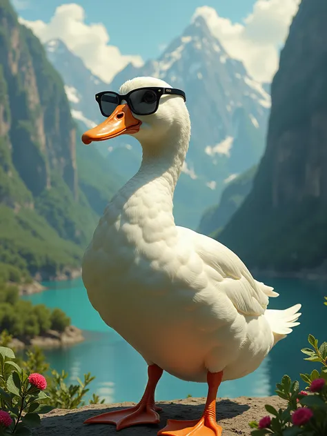 a beautiful female duck wearing sunglasses who is dictator standing in beautiful background