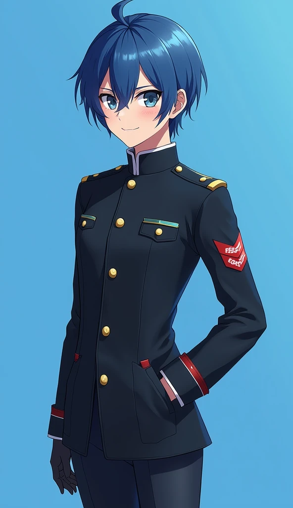  College Student 、male（boy:2,,masterpiece:2）、 A black military uniform with a full collar （black military uniform:3）、1 person、 Long Black Boots（long black boots:2）、 Black Gloves 、evil smile:2、 penetrates 、 is leggy、 blue hair、 short hair 、 blue hairの毛が極わずか...