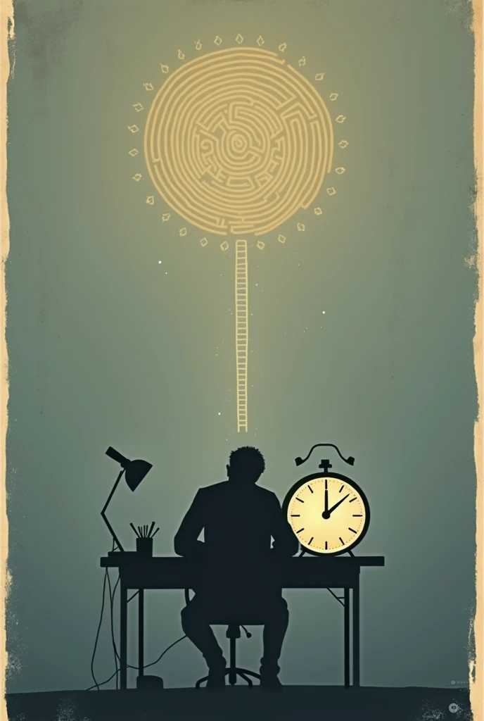 A vintage-style poster with a minimalist design. A solitary figure sits hunched over a desk, surrounded by books, papers, and a glowing clock, symbolizing the slow passage of time. The muted, monochromatic background emphasizes the monotony, while small, s...