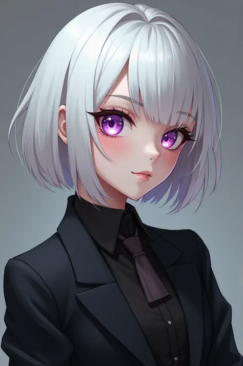 ((best quality)), ((masterpiece)), (detailed), perfect faceface and half body photo, white skinned woman short white hair shoulder length  , neck length, purple eyes with black suit appearance,cool and dashing facial appearance not cute,menggunakan perhias...