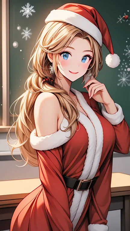  Christmas winter scenery  ，  christmas illustration，masterpiece 、 high definition    ， top quality，  Detailed Description ，  cute face, Beautiful face， beautiful womanの一人  、２7 years old、 school teacher   、 blonde alone  、   blue eyes、 sexy Santa Claus cos...