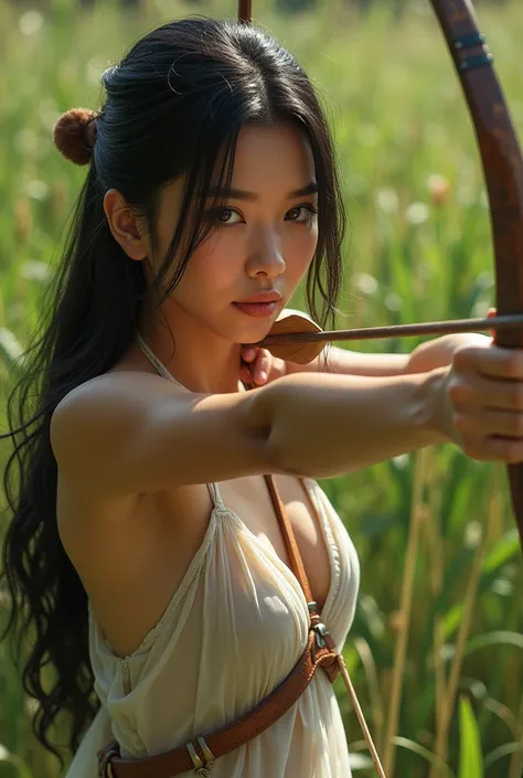 Beautiful topless Khmer female Archer. dressed in sheer fabric. No bra. sending an arrow towards a target. On a grass lawn. Frontal.