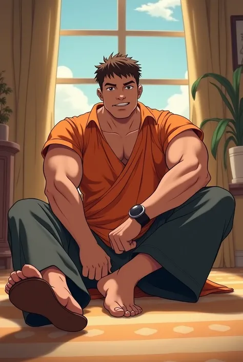 Tall Man, with round face, with short thin brown haircut, less chubby, muscular, in Anime, wearing his orange short kurta, Long dark gray pants, brown sandals, in the private room, sitting on the floor, kicking me with his feet