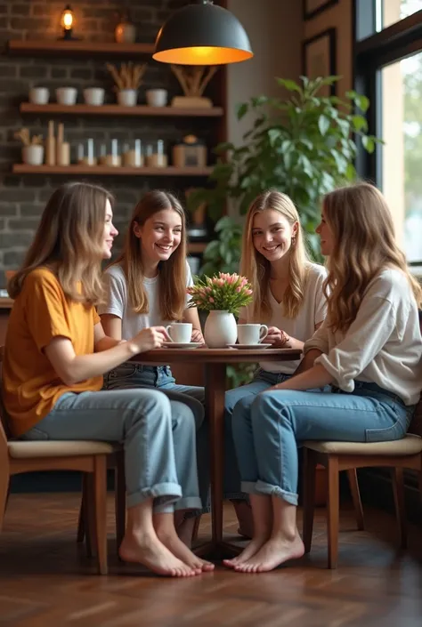 Realistic photo, 15-yo white barefoot girls in coffee shop, all barefoot, no shoes