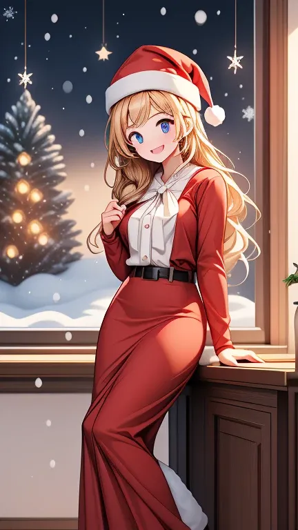  Christmas winter scenery   ，   christmas illustration，masterpiece 、       high definition     、  top quality，   Detailed explanation  ，    cute face, beautiful face，  beautiful womanの一人  、２7 years old、    school teacher    、 blonde alone   、    blue eyes、...