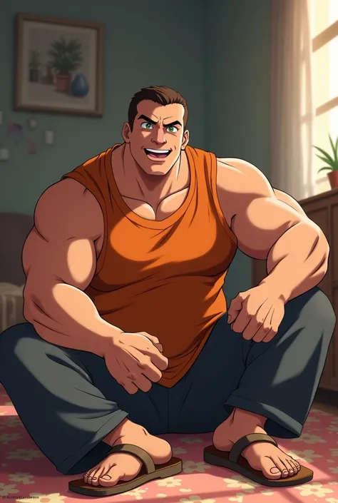 Tall Man, with round face, with short thin brown haircut, less chubby, muscular, in Anime, wearing his orange short kurta, Long dark gray pants, brown sandals, in the private room, sitting on the floor, kicking me with his feet