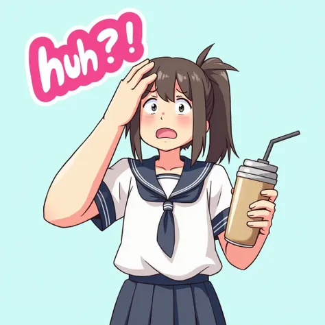 「Huh!?」
Prompt: The girl scratches her head with one massive hand, her other hand holding a protein shake. Her sailor uniform looks slightly stretched as her shoulders hunch forward in confusion. The background is a soft pastel blue, and "Huh!?" is written...