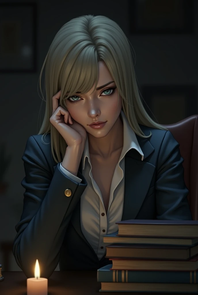  Smart slim sexy woman with sad look , formal, on a desk with books candles  ,  staring intently at you  