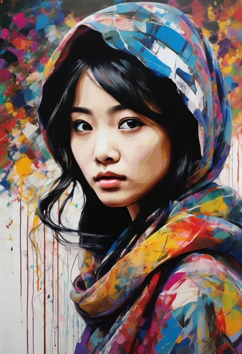 Create an AI-generated image of a beautiful Korean girl wearing hijab inspired by the style of Jean-Paul Riopelle, emphasizing the characteristics of abstract expressionism. The composition should evoke themes of hatred, love, and despair, capturing the co...