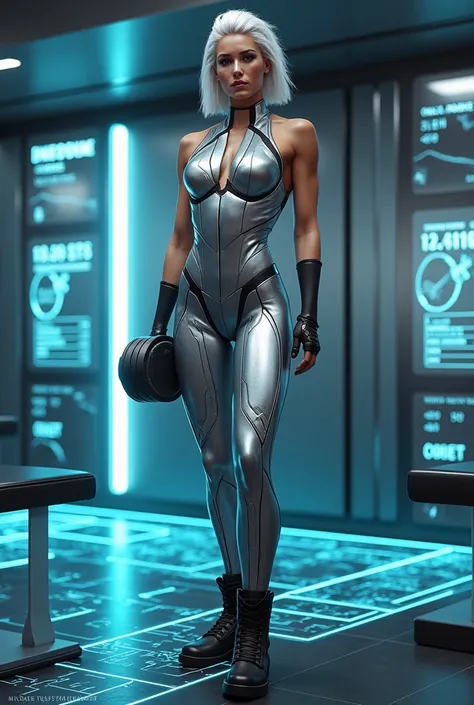 Portray a bold fitness icon in a futuristic gym with sleek, metallic interiors and holographic workout displays. She is wearing a silver metallic bodysuit with geometric cutouts, paired with black fingerless gloves and ankle-high combat boots, blending ath...